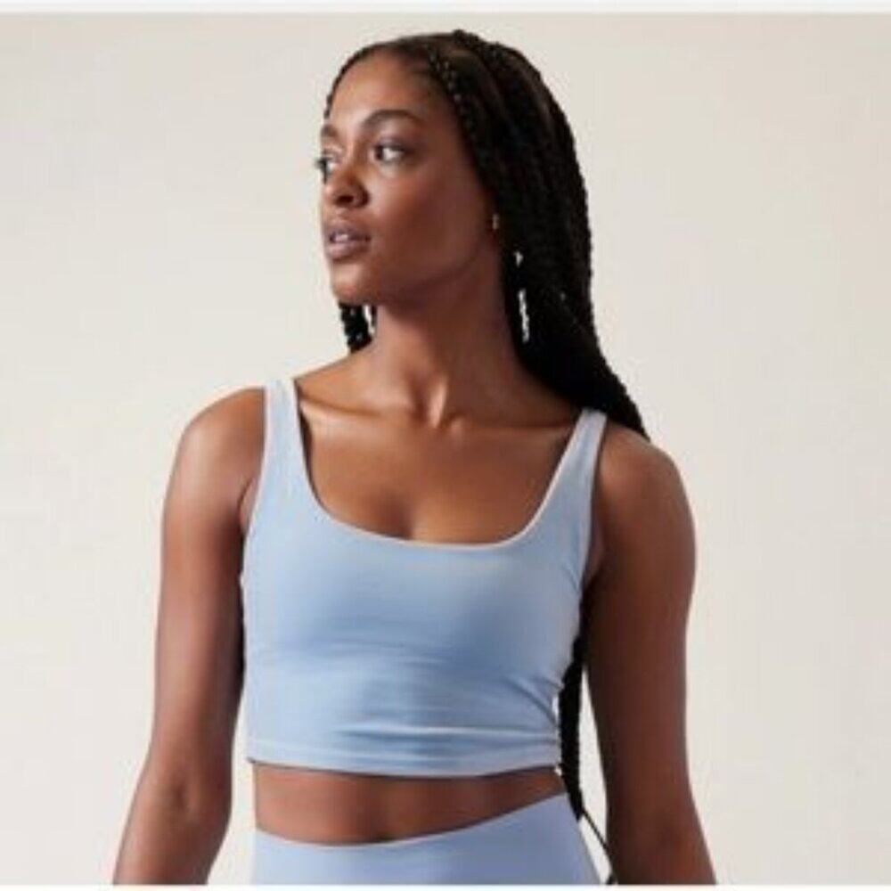 Athleta Plush Velvet Cut Out Crop A-C Scoop Neck Sports Bra In Blue Size XL